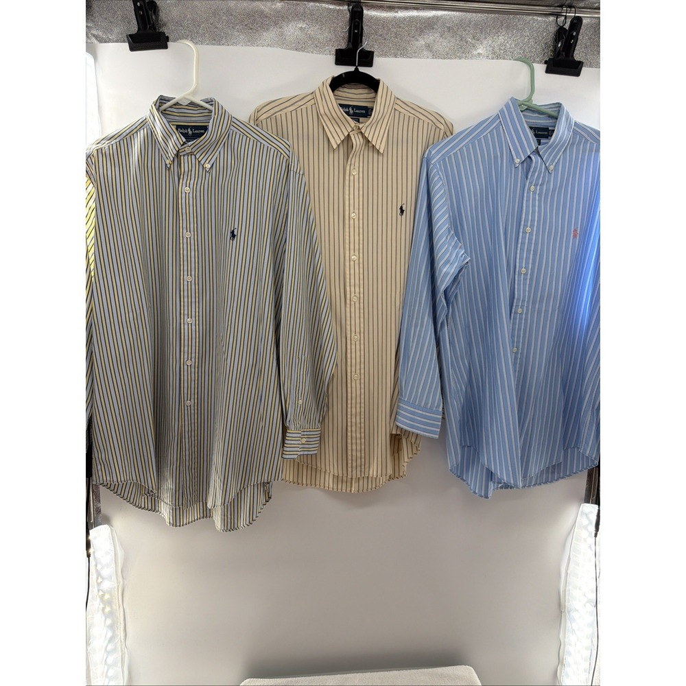 LOT 3 Ralph Lauren Mens Button Down Shirt Striped Yarmouth Blake Cotton Large